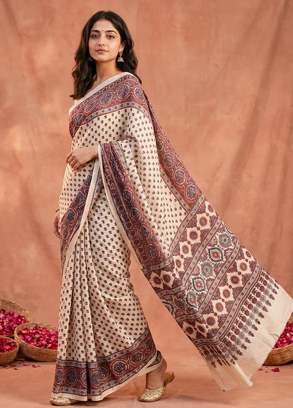 Cream Printed Pure Silk Saree Without Blouse Piece One Size