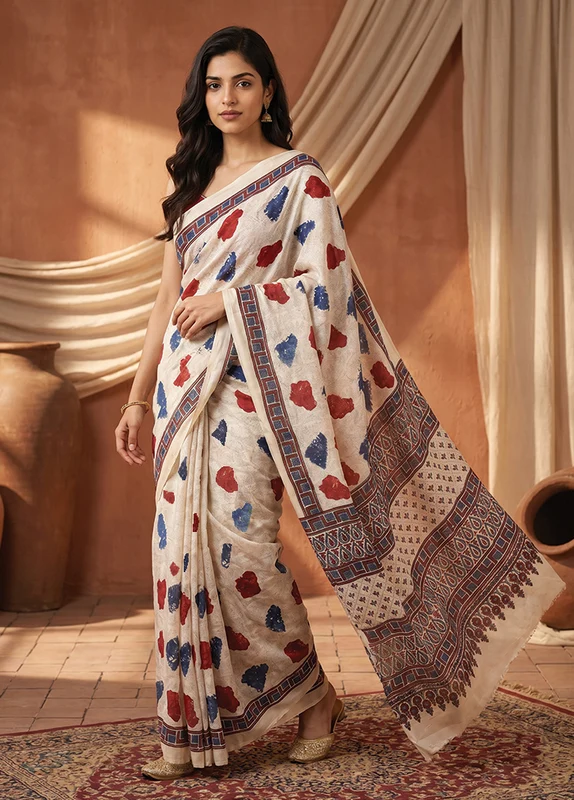 Cream Printed Pure Silk Saree Without Blouse Piece One Size