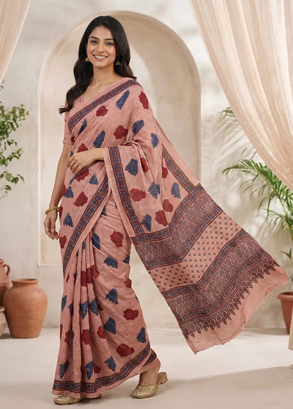 Pink Printed Pure Silk Saree Without Blouse Piece One Size