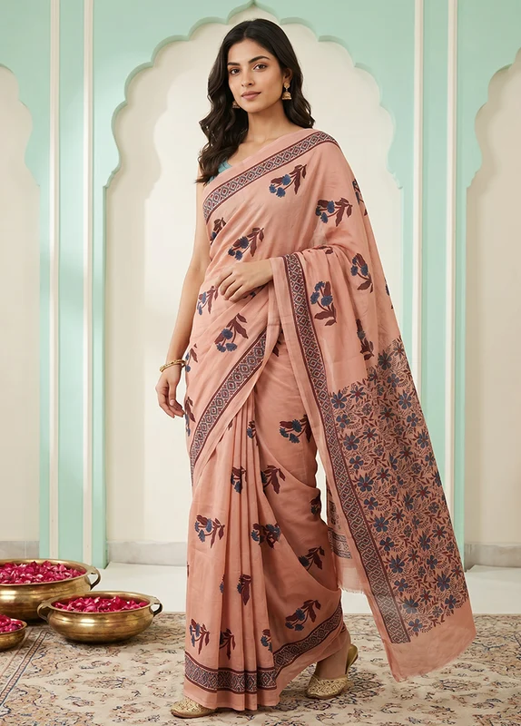 Pink Printed Pure Silk Saree Without Blouse Piece One Size