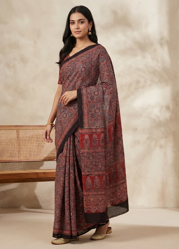 Maroon Printed Pure Silk Saree Without Blouse Piece One Size