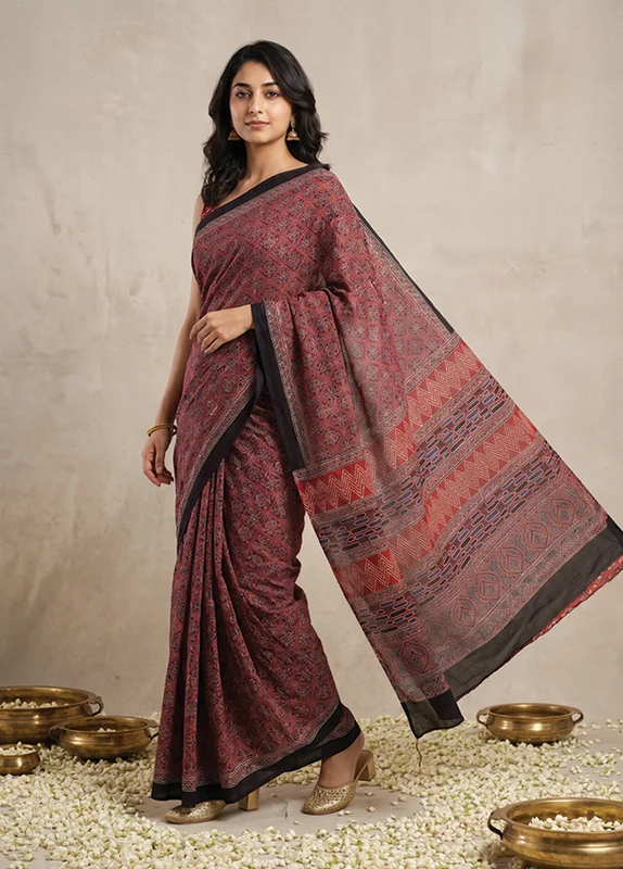 Maroon Printed Pure Silk Saree Without Blouse Piece One Size