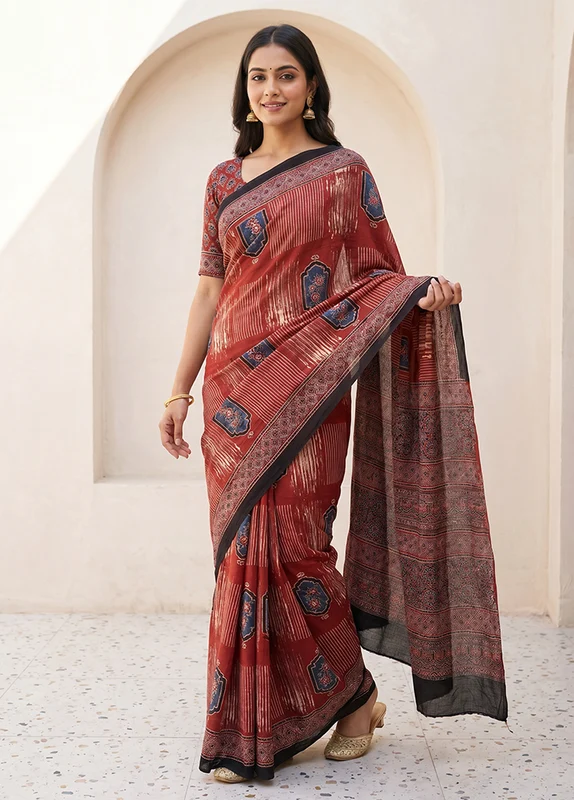 Maroon Printed Pure Silk Saree Without Blouse Piece One Size