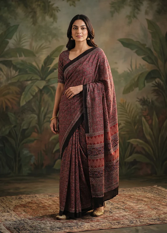 Maroon Printed Pure Silk Saree Without Blouse Piece One Size