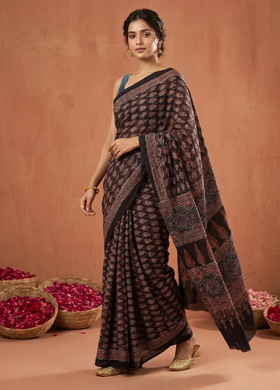 Black Printed Pure Silk Saree Without Blouse Piece One Size