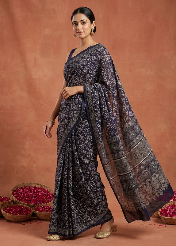 Black Printed Pure Silk Saree Without Blouse Piece One Size
