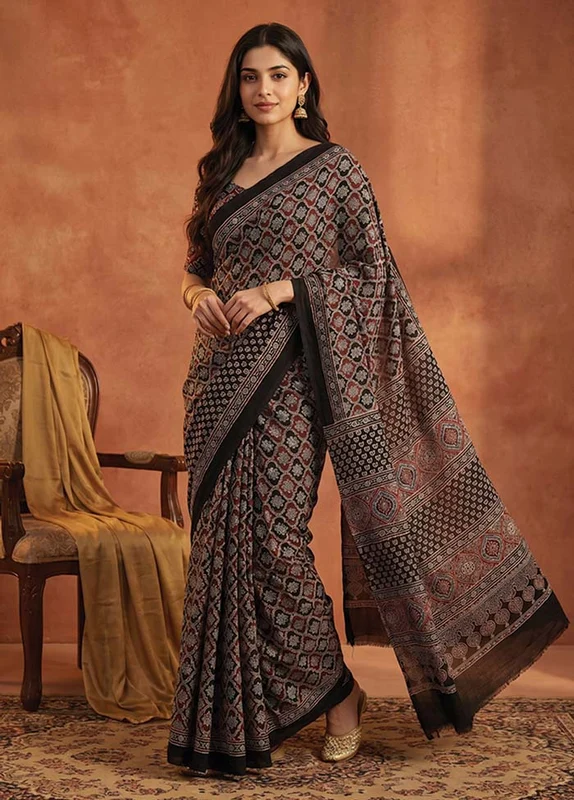 Black Printed Pure Silk Saree Without Blouse Piece One Size