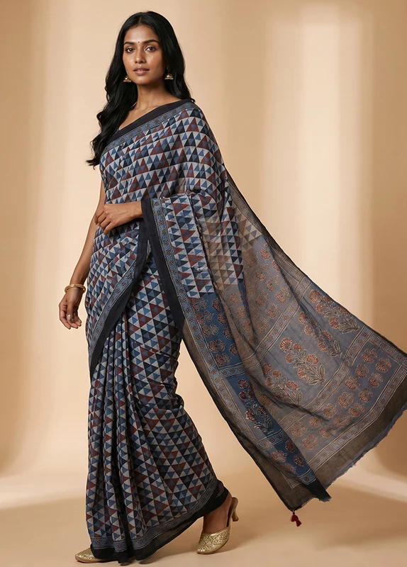 Blue Printed Pure Silk Saree Without Blouse Piece One Size