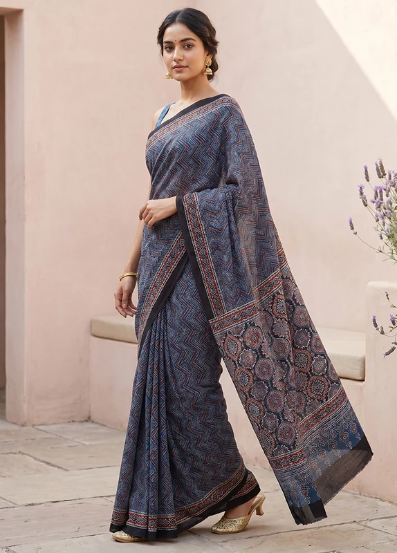 Blue Printed Pure Silk Saree Without Blouse Piece One Size