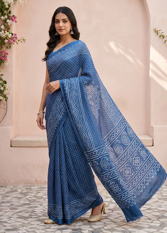 Blue Modal Silk Saree Without Blouse Piece One Size