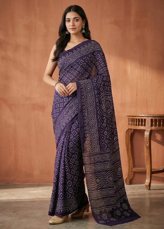 Blue Modal Silk Saree Without Blouse Piece One Size