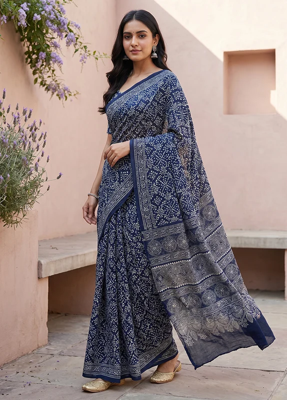 Blue Modal Silk Saree Without Blouse Piece One Size