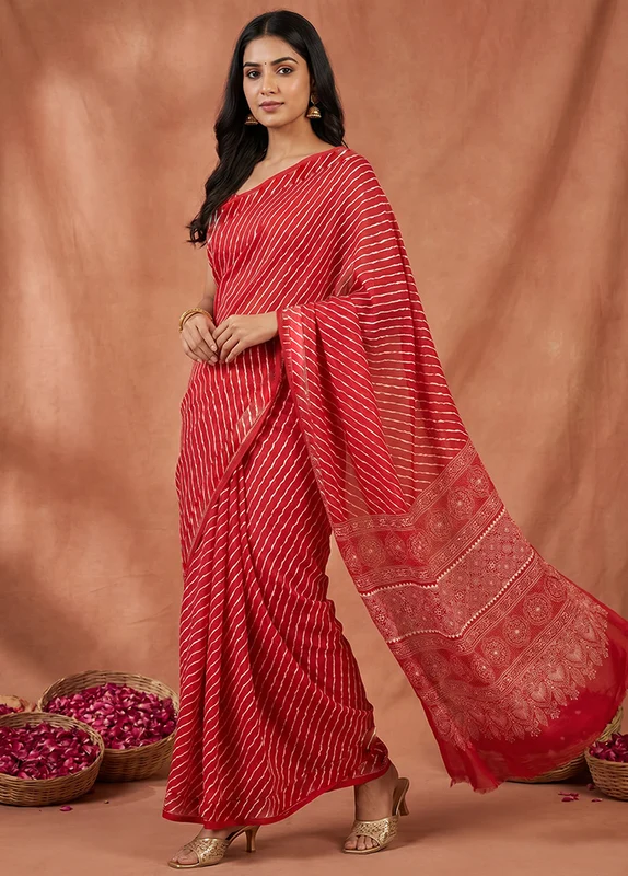 Red Modal Silk Saree Without Blouse Piece One Size