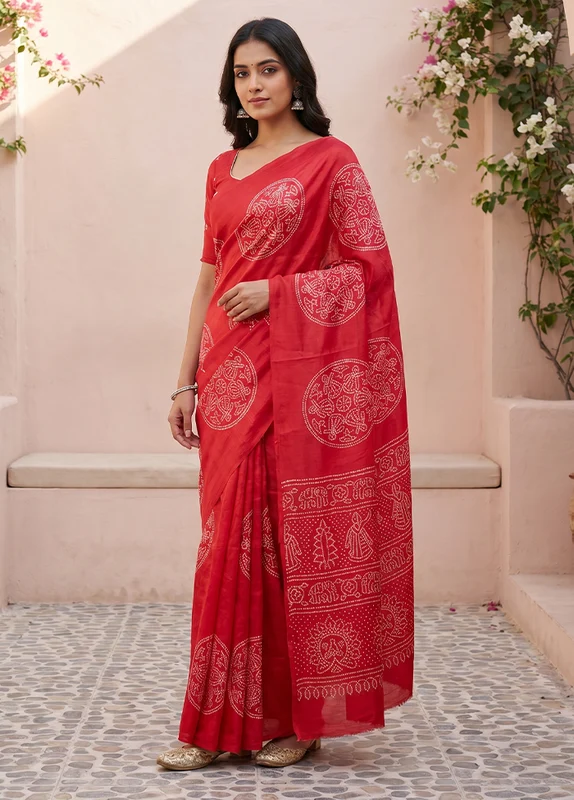 Red Modal Silk Saree Without Blouse Piece One Size