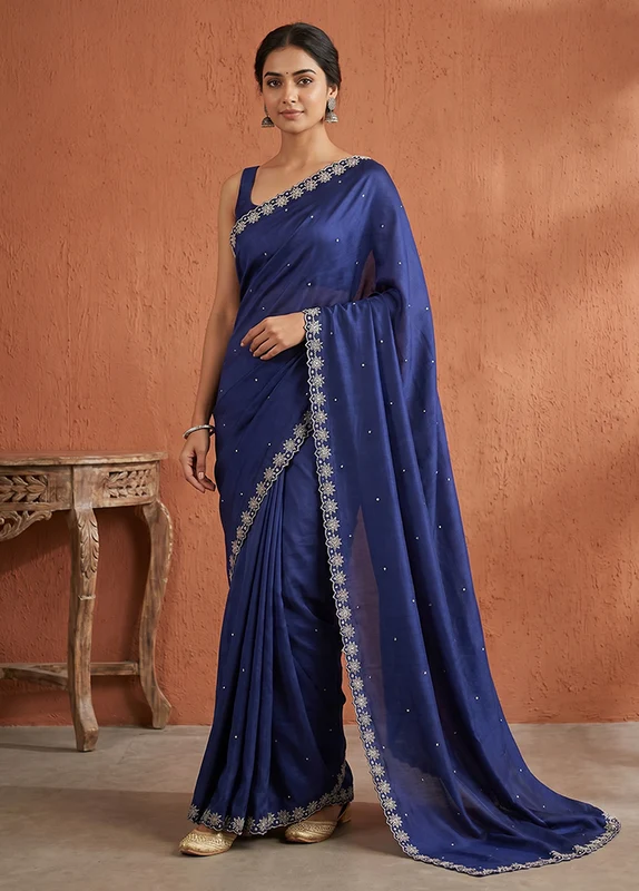 Blue Printed Pure Silk Saree Without Blouse Piece One Size