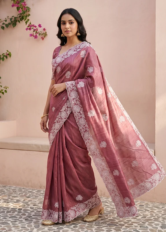 Purple Tussar Silk Saree With Blouse Piece One Size
