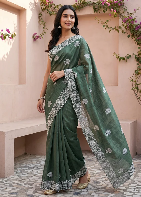 Green Tussar Silk Saree With Blouse Piece One Size