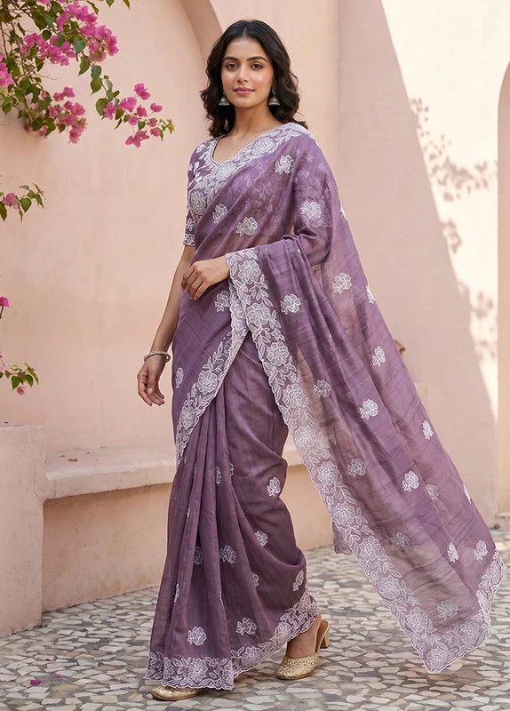 Purple Tussar Silk Saree With Blouse Piece One Size