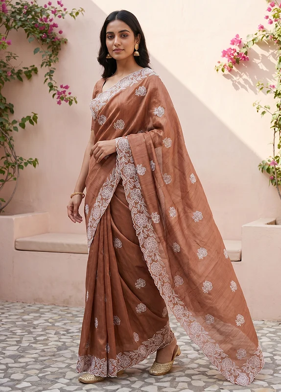 Rust Tussar Silk Saree With Blouse Piece One Size