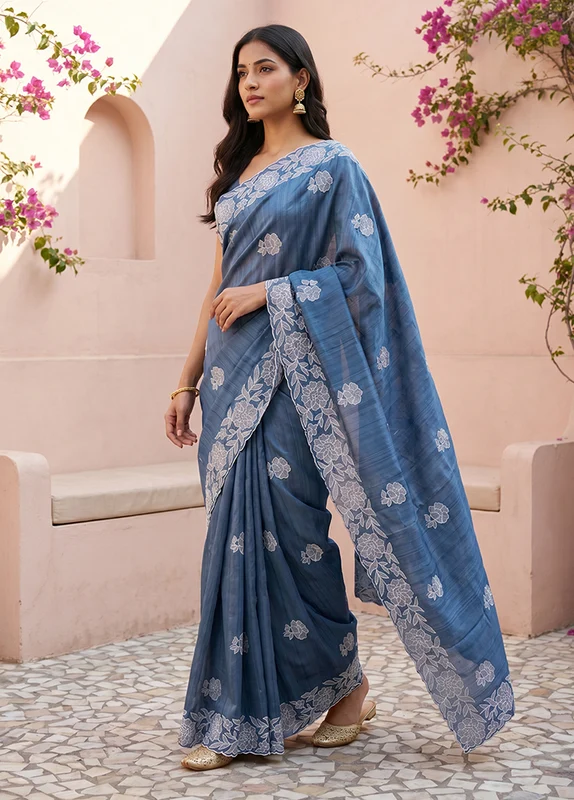 Blue Tussar Silk Saree With Blouse Piece One Size