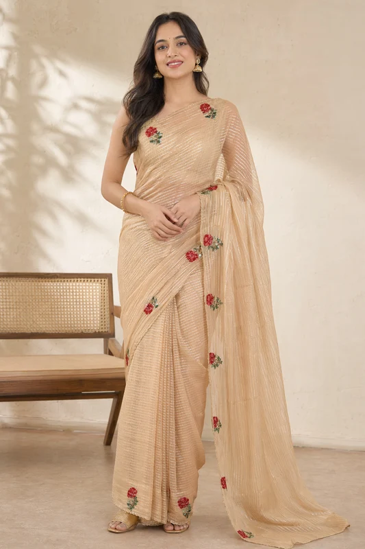 Gold Handloom Tissue Pure Silk Saree With Blouse Piece One Size