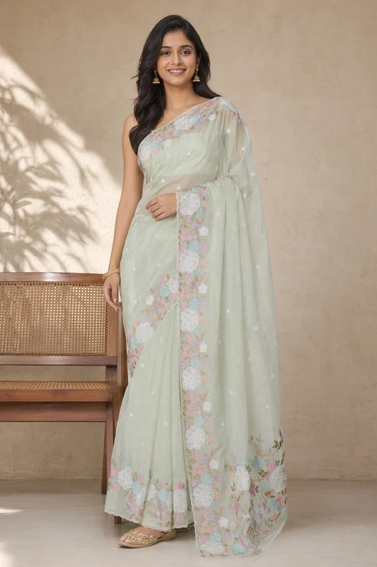 Green Organza Saree With Blouse Piece One Size