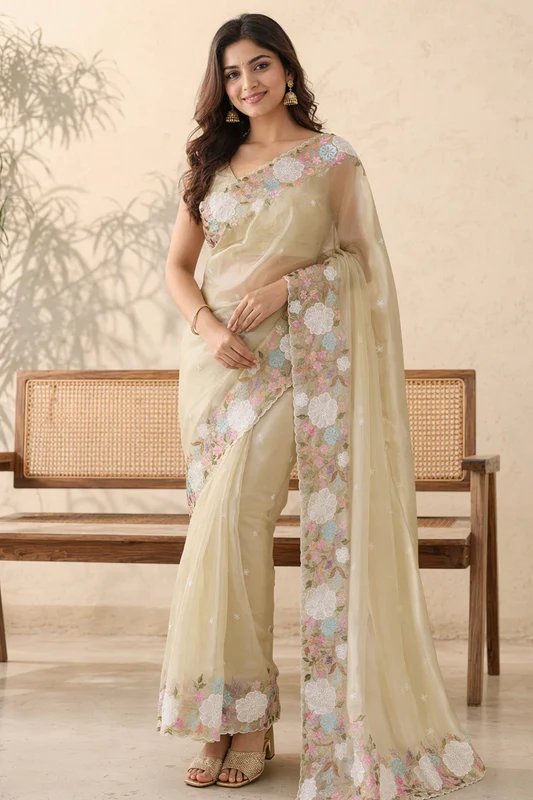 Yellow Organza Saree With Blouse Piece One Size
