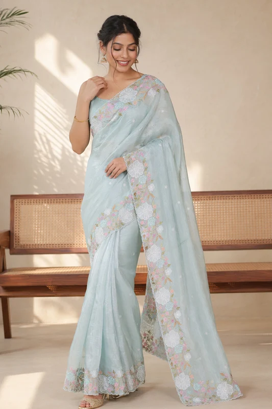 Green Organza Saree With Blouse Piece One Size