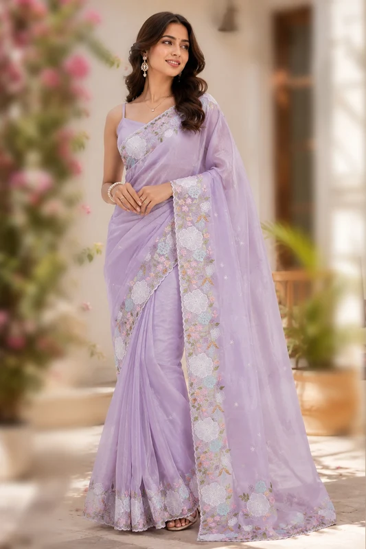 Purple Organza Saree With Blouse Piece One Size