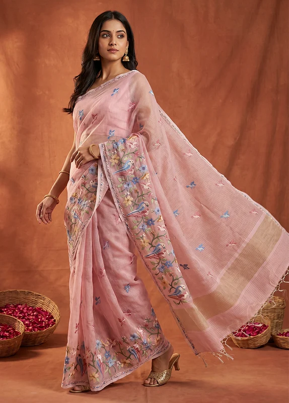 Pink Pure Cotton Saree With Blouse Piece One Size