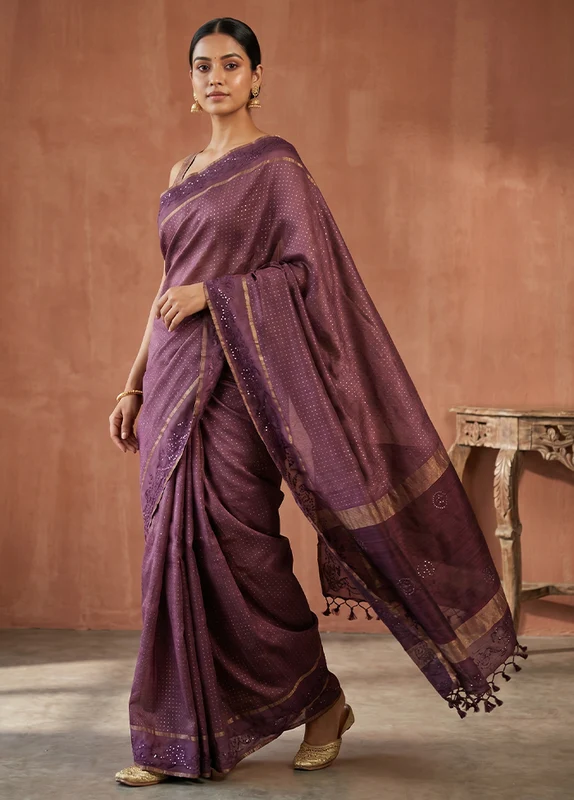 Purple Handloom Tussar Pure Silk Saree With Blouse Piece One Size