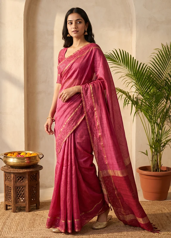 Pink Handloom Tussar Pure Silk Saree With Blouse Piece One Size