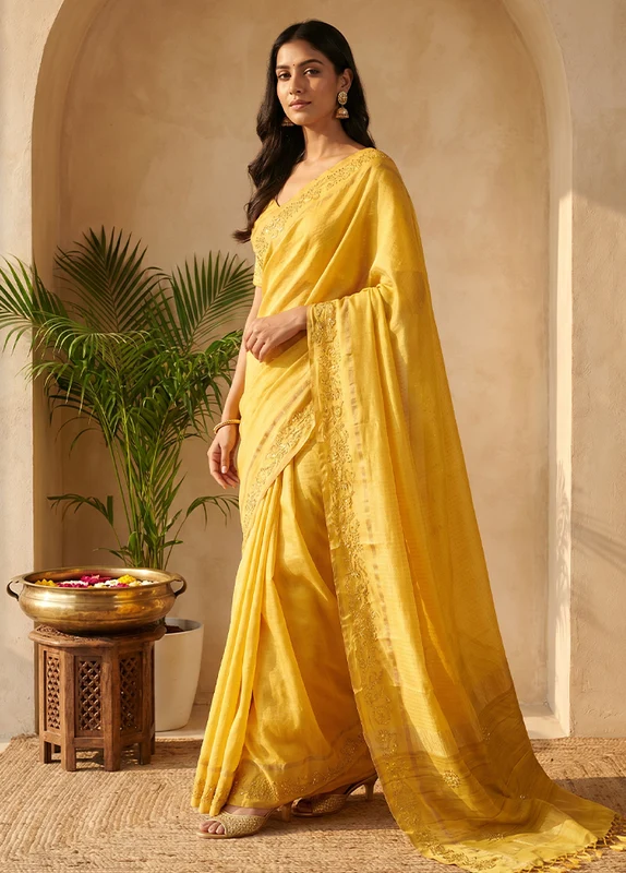 Yellow Handloom Tussar Pure Silk Saree With Blouse Piece One Size