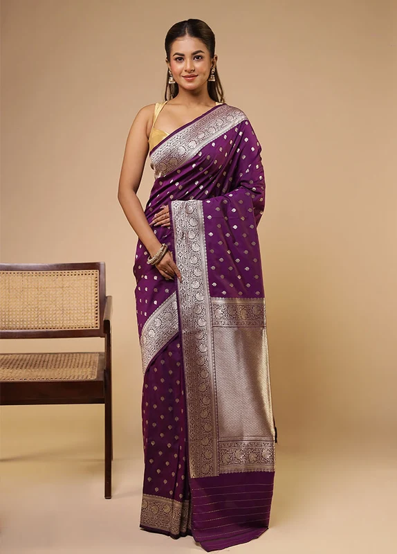 Purple Katan Silk Saree With Blouse Piece One Size