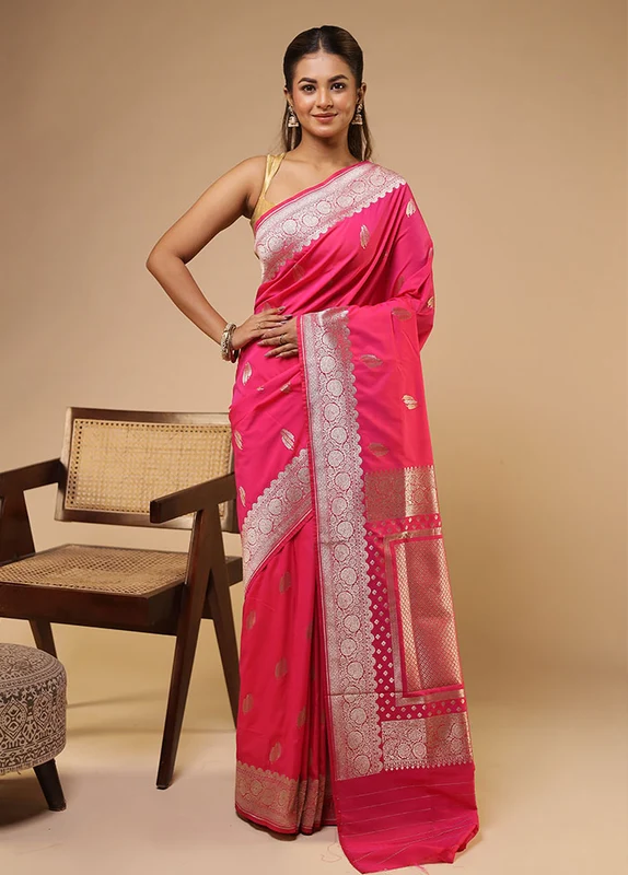 Pink Katan Silk Saree With Blouse Piece One Size