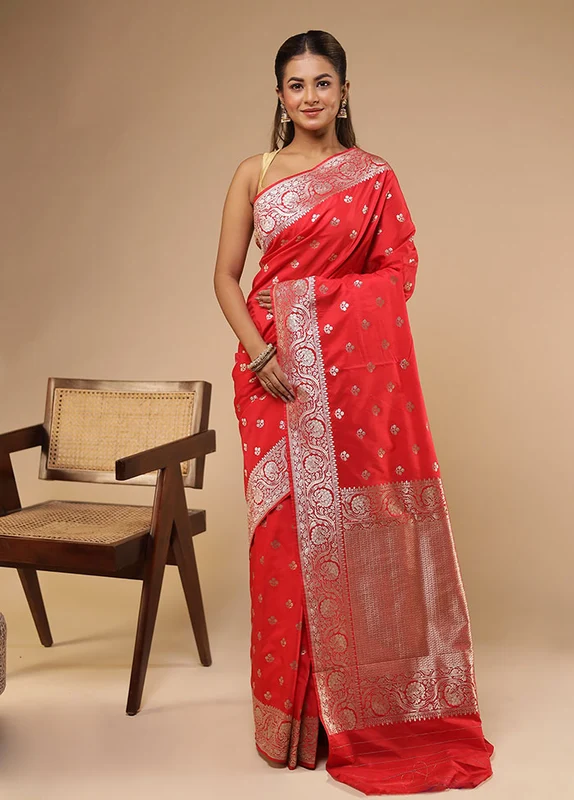 Red Katan Silk Saree With Blouse Piece One Size
