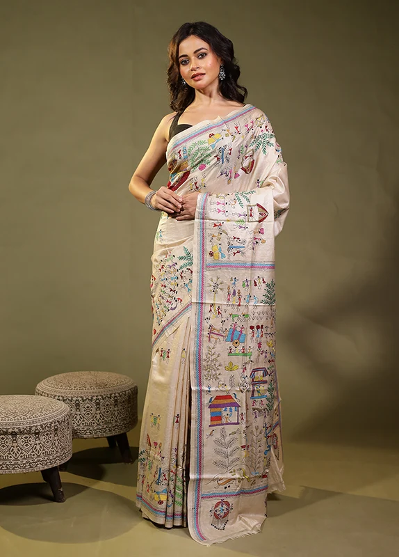 Cream Handloom Kantha Stitch Pure Silk Saree With Blouse Piece One Size