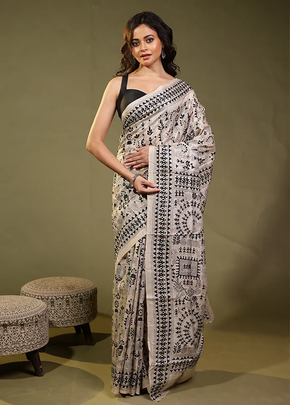 Cream Handloom Kantha Stitch Pure Silk Saree With Blouse Piece One Size
