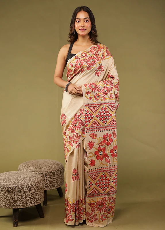 Cream Handloom Kantha Stitch Pure Silk Saree With Blouse Piece One Size