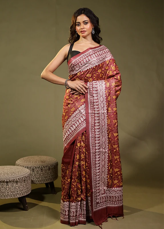 Maroon Handloom Kantha Stitch Pure Silk Saree With Blouse Piece One Size