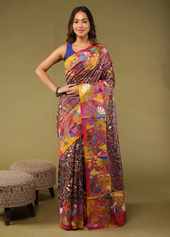 Multicolor Handloom Kantha Stitch Pure Silk Saree With Blouse Piece One Size