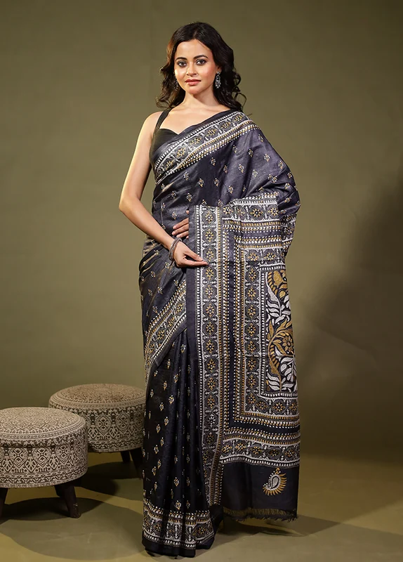 Blue Handloom Kantha Stitch Pure Silk Saree With Blouse Piece One Size