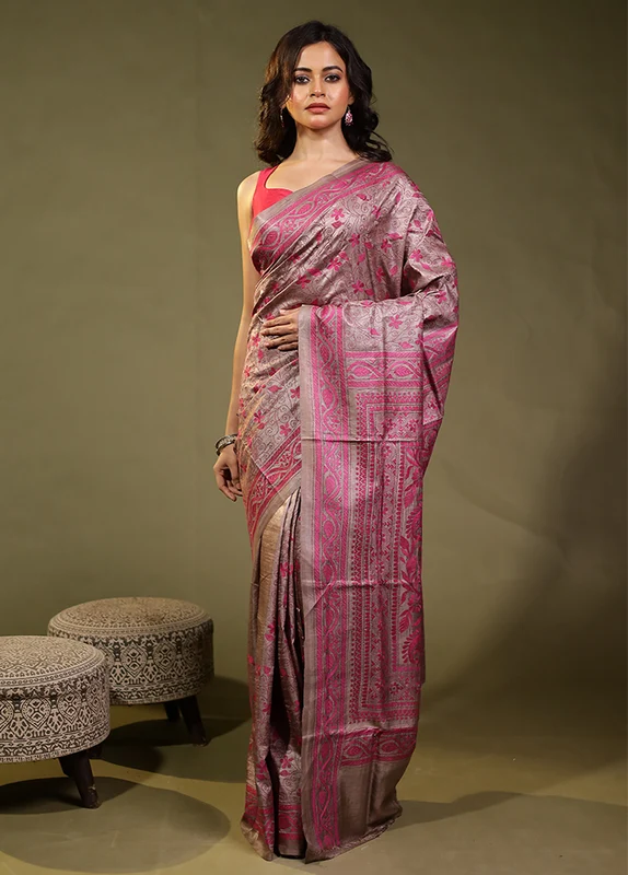 Pink Handloom Kantha Stitch Pure Silk Saree With Blouse Piece One Size