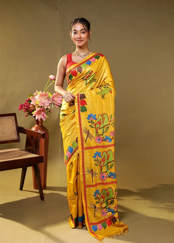 Yellow Handloom Kantha Stitch Pure Silk Saree With Blouse Piece One Size