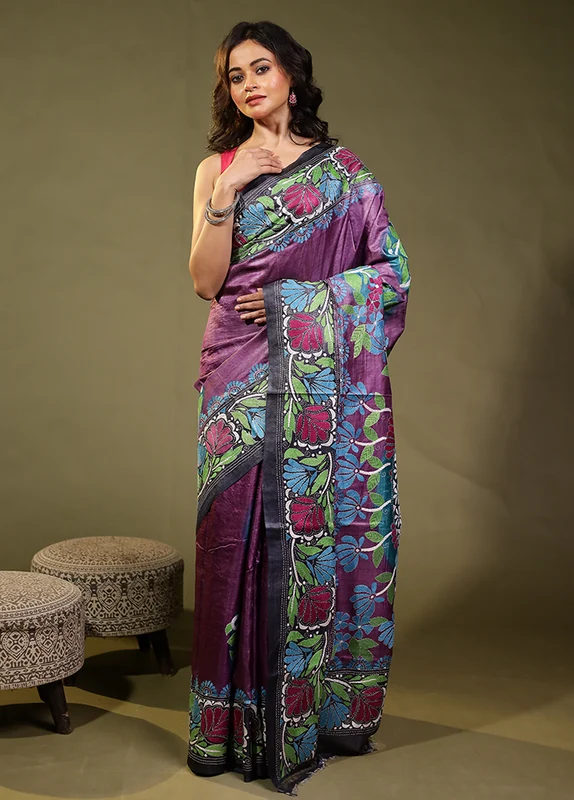 Multicolor Handloom Kantha Stitch Pure Silk Saree With Blouse Piece One Size