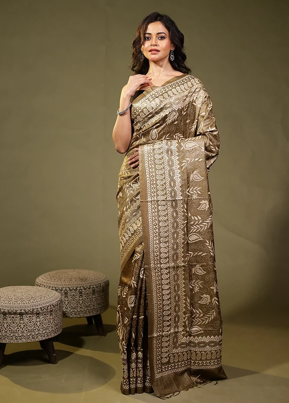 Green Handloom Kantha Stitch Pure Silk Saree With Blouse Piece One Size