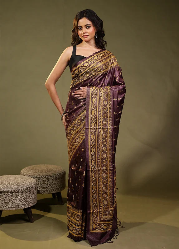 Brown Handloom Kantha Stitch Pure Silk Saree With Blouse Piece One Size