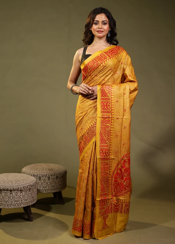 Orange Handloom Kantha Stitch Pure Silk Saree With Blouse Piece One Size