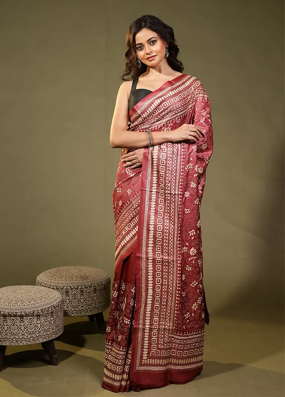 Red Handloom Kantha Stitch Pure Silk Saree With Blouse Piece One Size