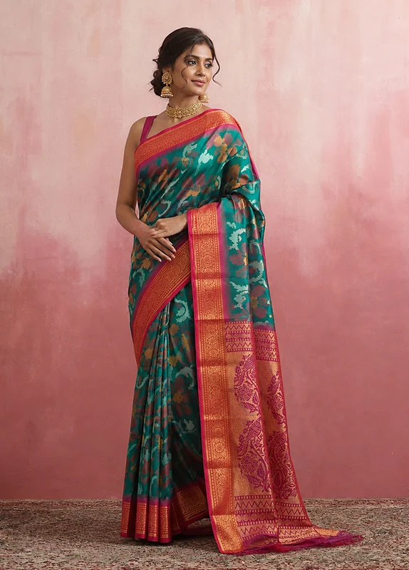 Blue Dupion Silk Saree With Blouse Piece One Size